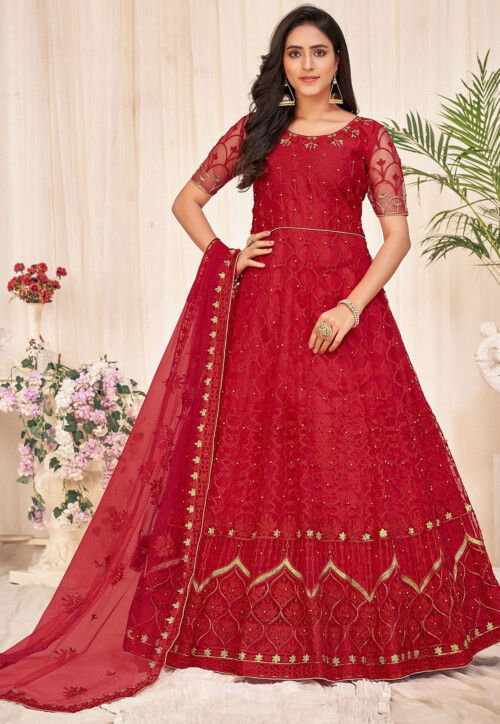 Embroidered Net Abaya Style Suit in Red