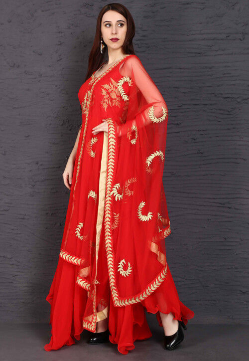 Embroidered Net Abaya Style Suit in Red