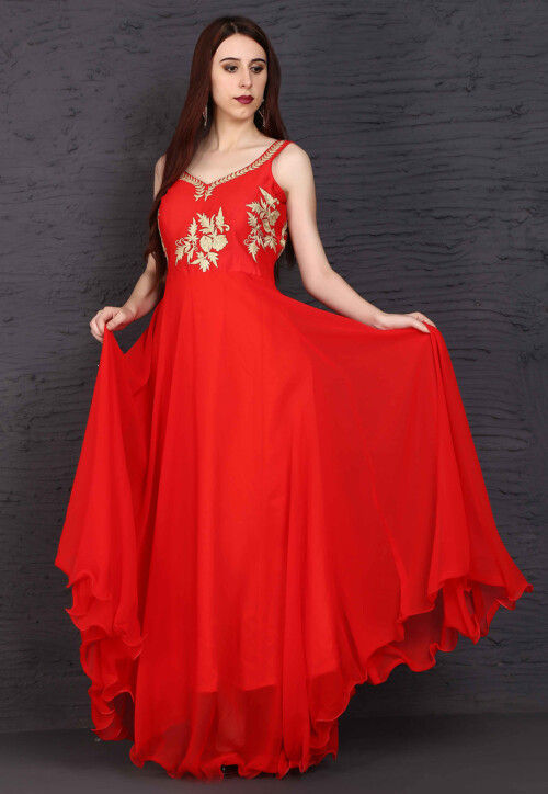 Embroidered Net Abaya Style Suit in Red