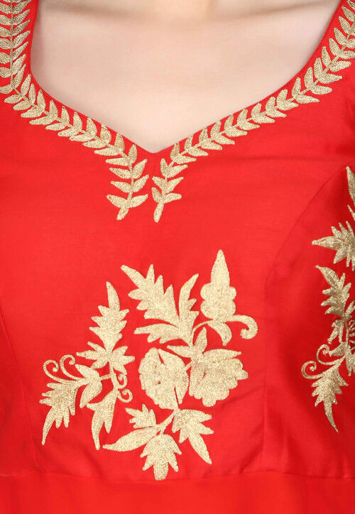 Embroidered Net Abaya Style Suit in Red