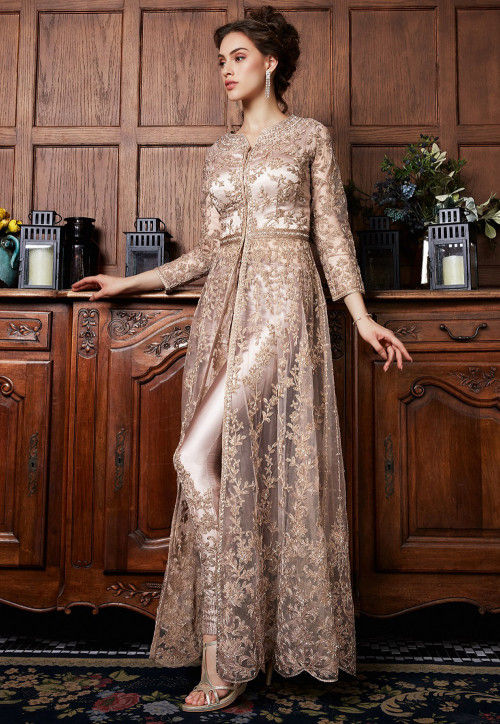 Embroidered Net Abaya Style Suit in Rose Gold