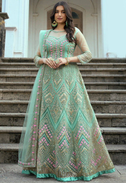 Embroidered Net Abaya Style Suit in Sea Green