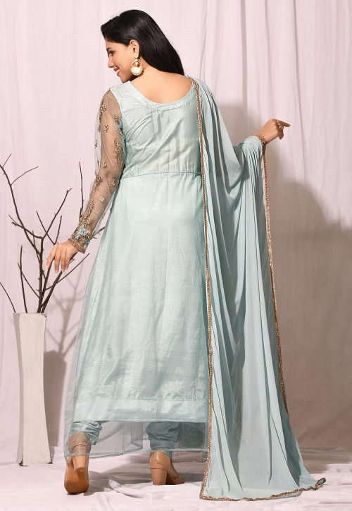 Embroidered Net Abaya Style Suit in Sea Green : KUF14298