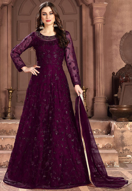 Embroidered Net Abaya Style Suit in Wine