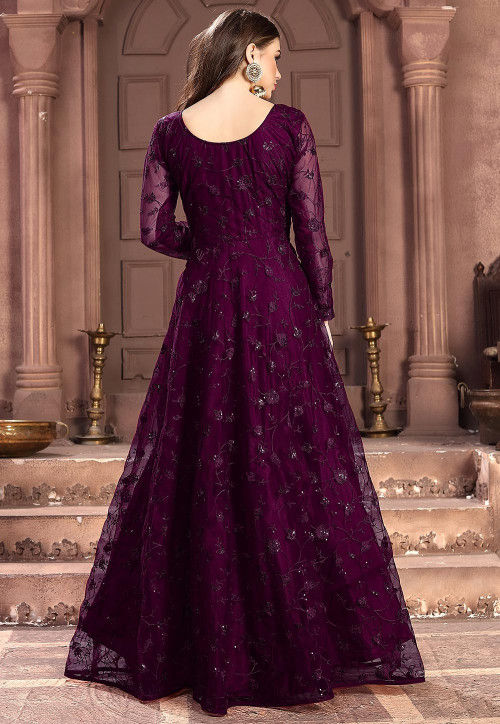 Embroidered Net Abaya Style Suit in Wine : KCH4720