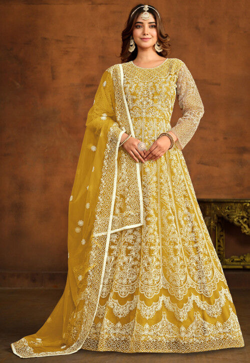 UtsavFashion Embroidered Net Abaya Style Suit in Yellow
