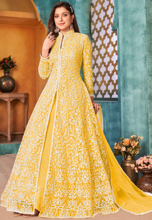 Embroidered net abaya style suit outlet
