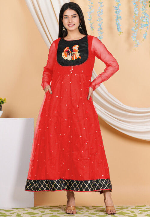 Embroidered Net Anarkali Kurta Set in Red
