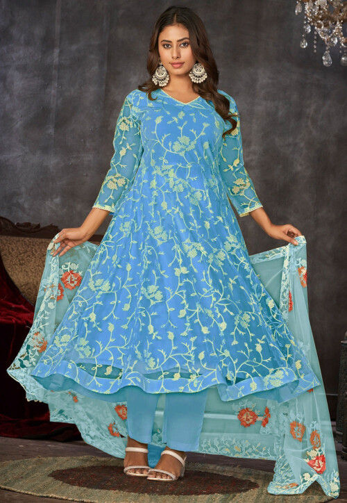 Buy Embroidered Net Anarkali Suit in Sky Blue Online KGJ140 Utsav Fashion