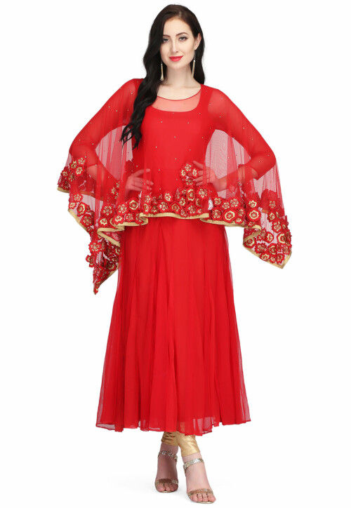 Buy Embroidered Net Anarkali Suit in Red Online KCJ280 Utsav