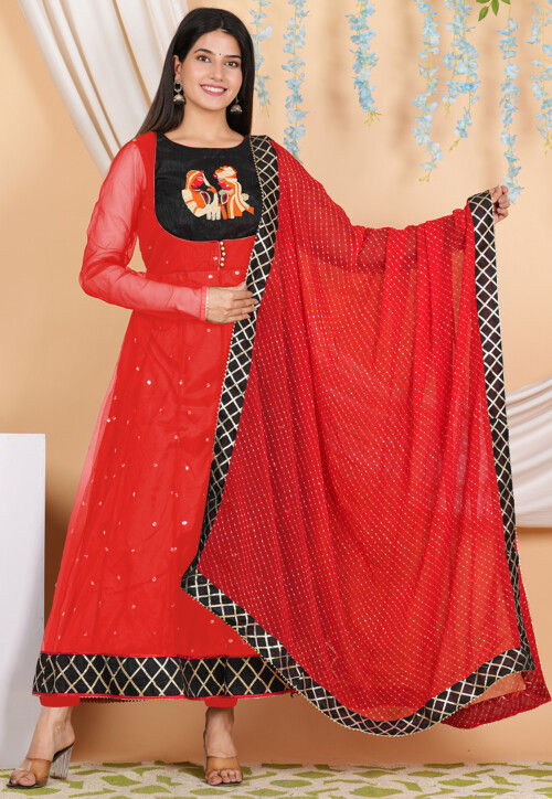 Buy Embroidered Net Anarkali Suit in Red Online KJN4508 Utsav