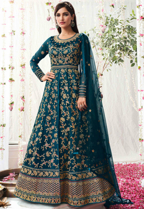 Buy Embroidered Net Anarkali Suit in Teal Blue Online : KCH8808 - Utsav ...