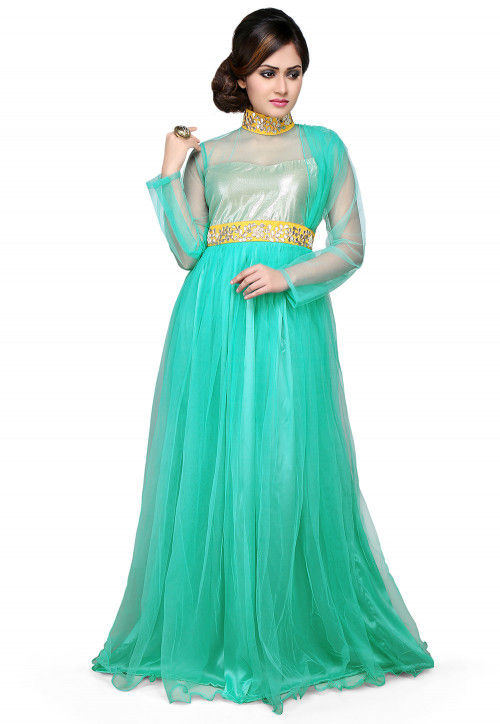 Embroidered Net and Art Silk Gown In Turquoise
