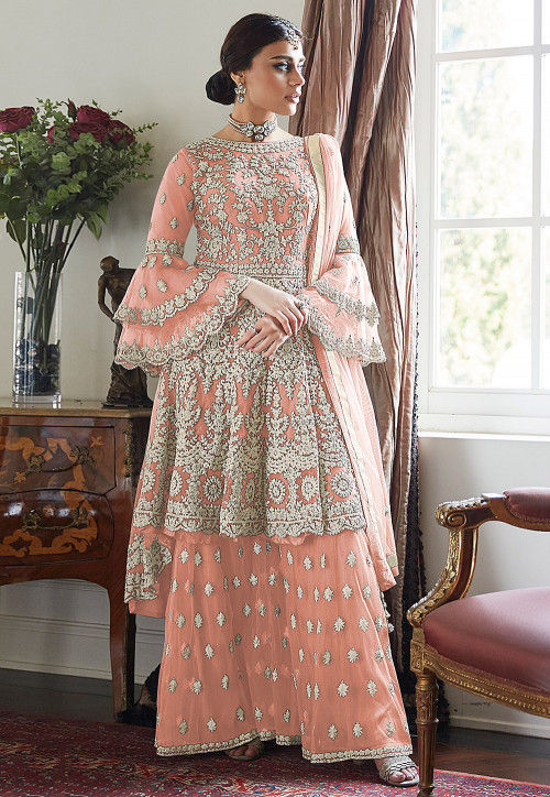 Embroidered Net Asymmetric Pakistani Suit in Peach