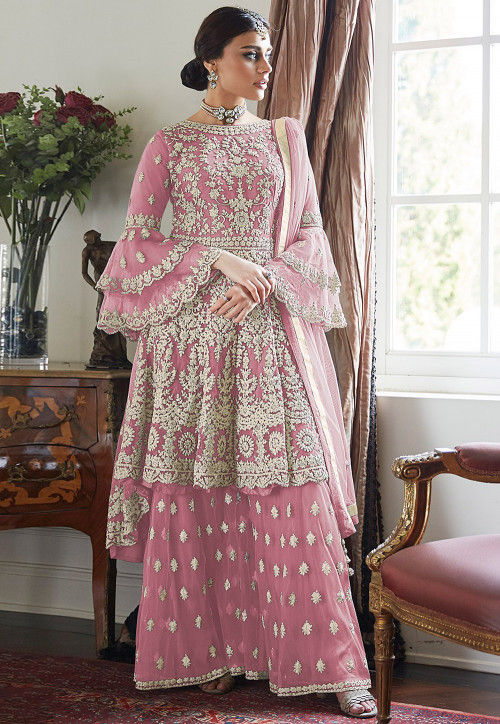 Embroidered Net Asymmetric Pakistani Suit in Pink