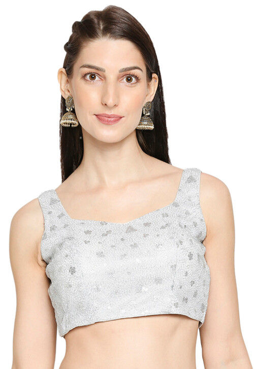 Embroidered Net Blouse in Silver