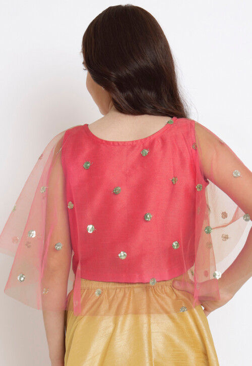 Embroidered Net Crop Top in Coral Pink