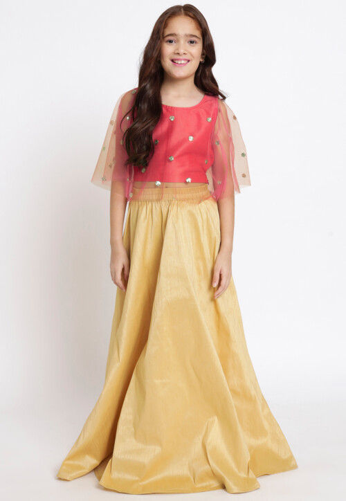 Embroidered Net Crop Top in Coral Pink