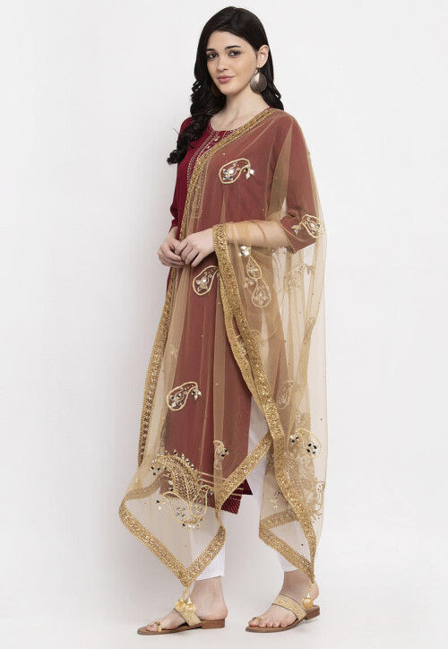 Embroidered Net Dupatta in Beige