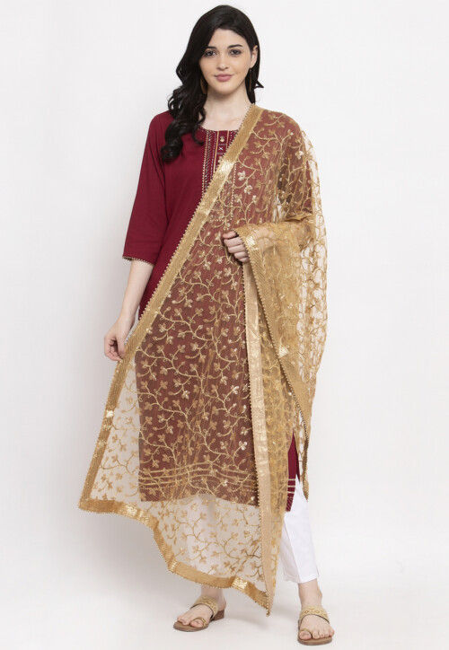 Embroidered Net Dupatta in Beige