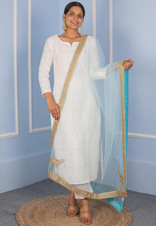 Embroidered Net Dupatta in Pastel Blue