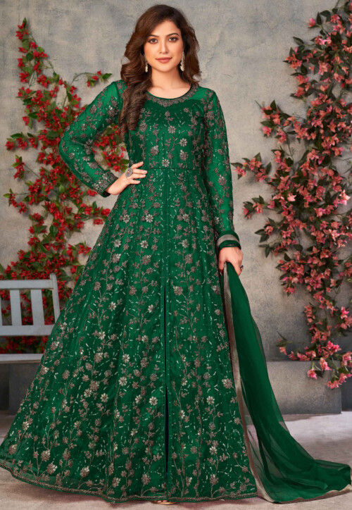Embroidered Net Front Slit Abaya Style Suit in Green