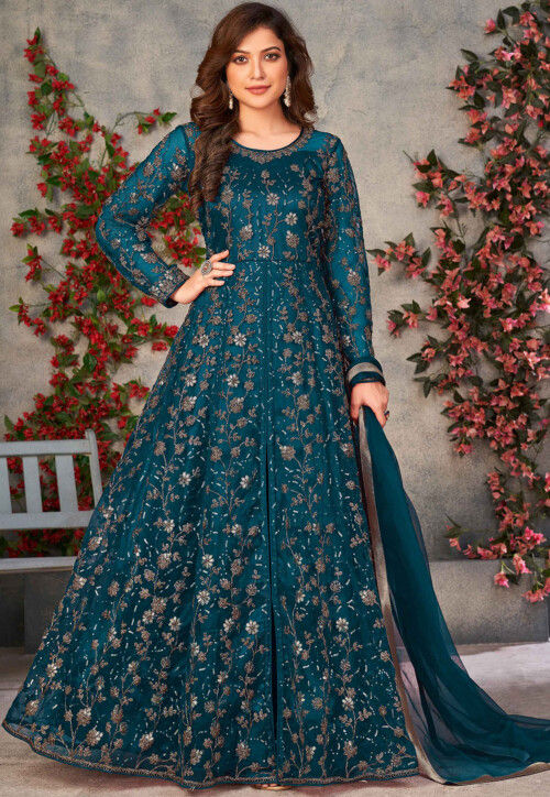 Buy Embroidered Net Front Slit Abaya Style Suit in Teal Blue Online ...