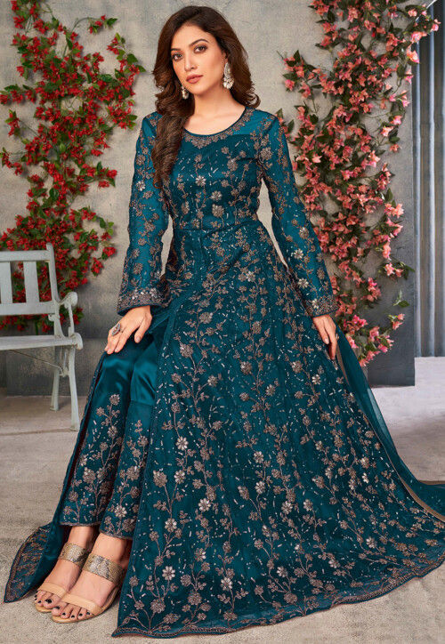 Buy Embroidered Net Front Slit Abaya Style Suit in Teal Blue Online ...
