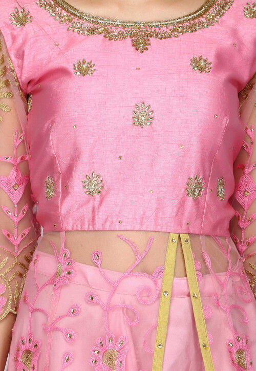 Embroidered Net Front Slit Lehenga in Pink