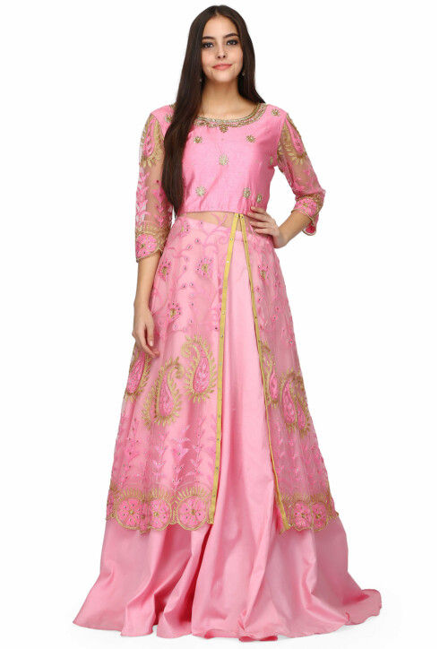 Embroidered Net Front Slit Lehenga in Pink