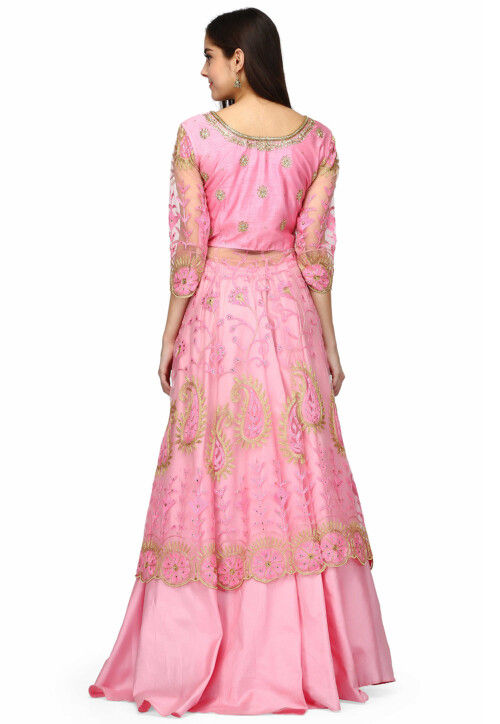 Embroidered Net Front Slit Lehenga in Pink