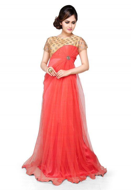 Embroidered Net Gown In Coral and Beige