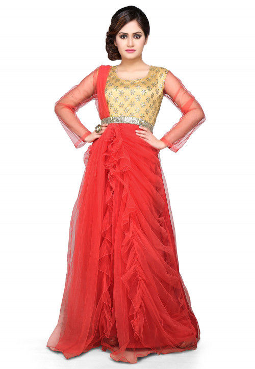 Embroidered Net Gown In Coral and Beige