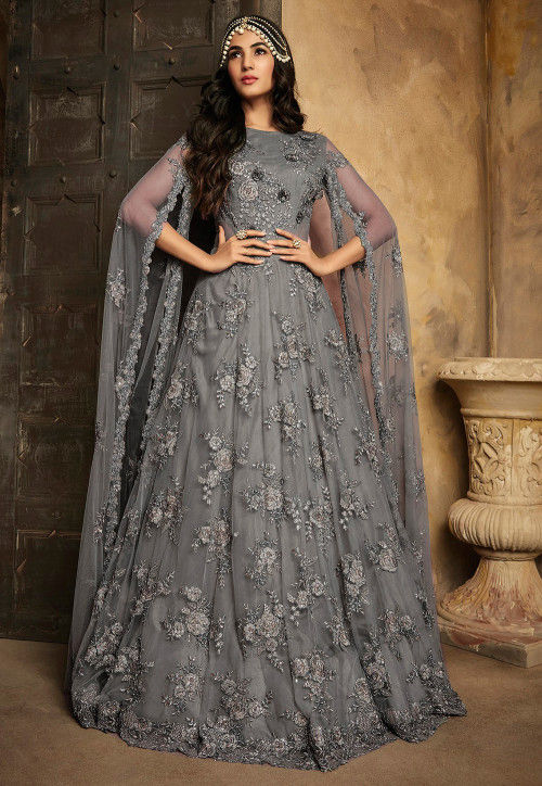 Embroidered Net Gown in Grey