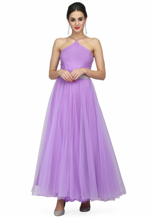 Embroidered Net Gown in Lavender