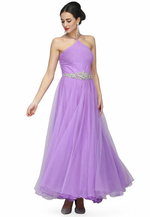 Embroidered Net Gown in Lavender
