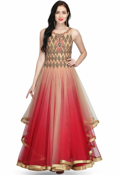 Embroidered Net Gown in Light Peach and Maroon