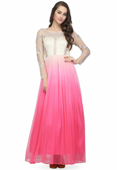 Embroidered Net Gown in Off White and Pink