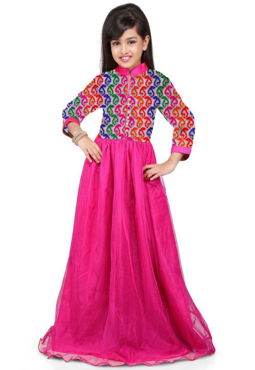 Embroidered Net Gown in Fuchsia and Yellow : UNJ509