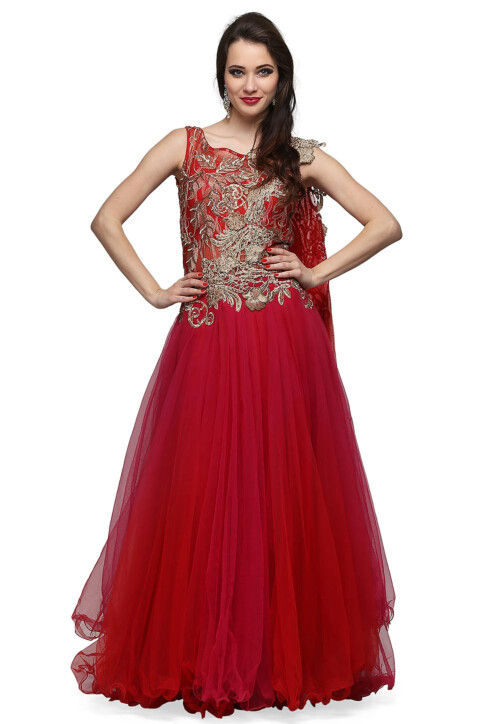 Embroidered Net Gown in Red and Fuchsia
