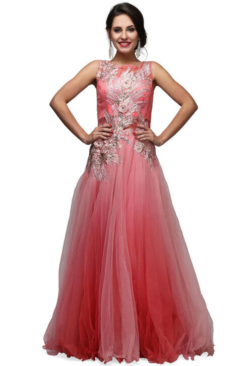 Embroidered Net Gown in Shaded Pink
