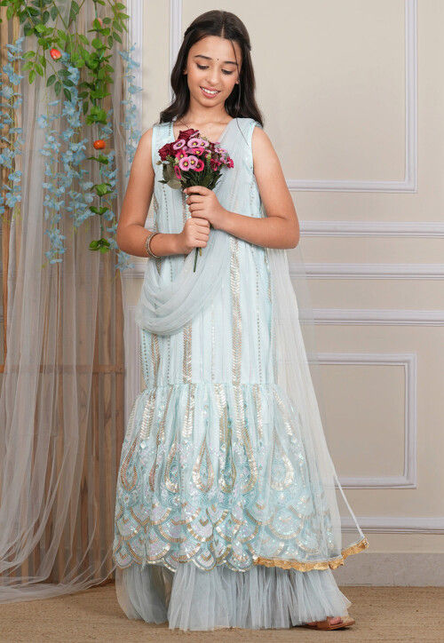 Embroidered Net Gown with Attached Dupatta in Pastel Blue