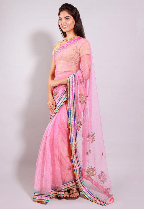 Embroidered Net Half N Half Saree in Pink