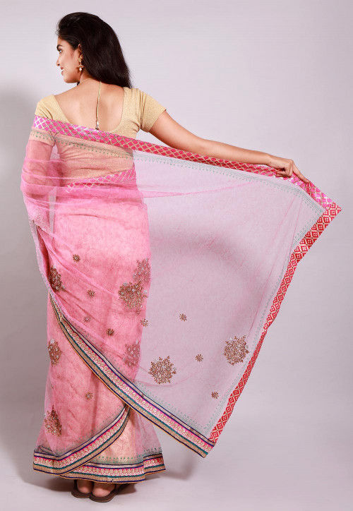 Embroidered Net Half N Half Saree in Pink