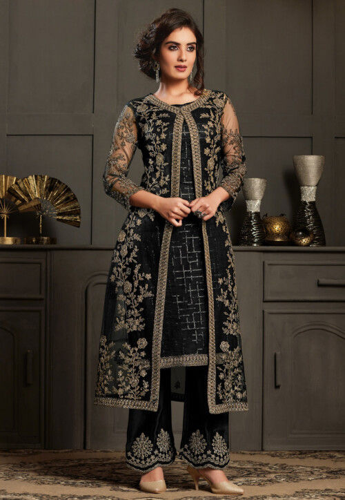 Buy Grey Embroidered Net Jacket Style Salwar Kameez Online