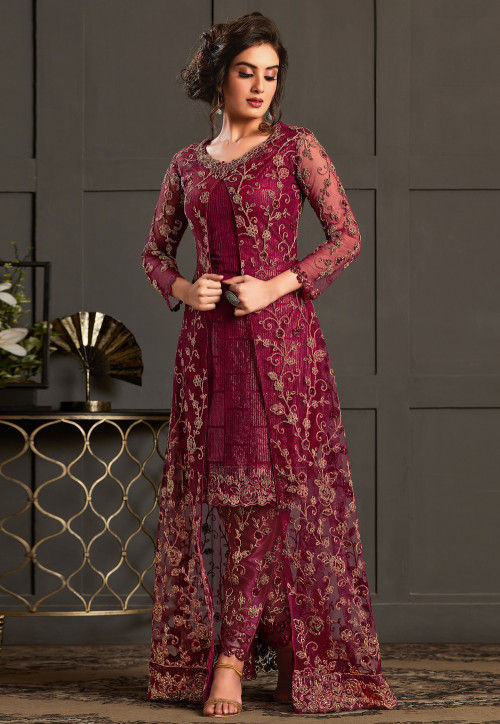 Embroidered Net Jacket Style Pakistani Suit in Maroon : KCH5747