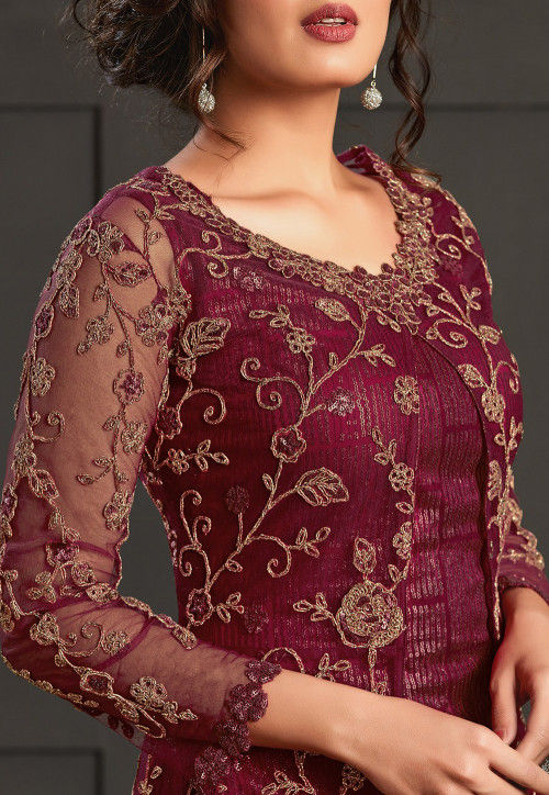 Buy Embroidered Net Jacket Style Pakistani Suit in Maroon Online