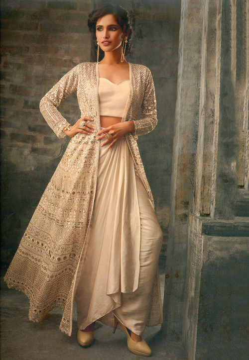 Buy Irish Green Anarkali Gown In Raw Silk With Embroidered Net Jacket KALKI  Fashion India