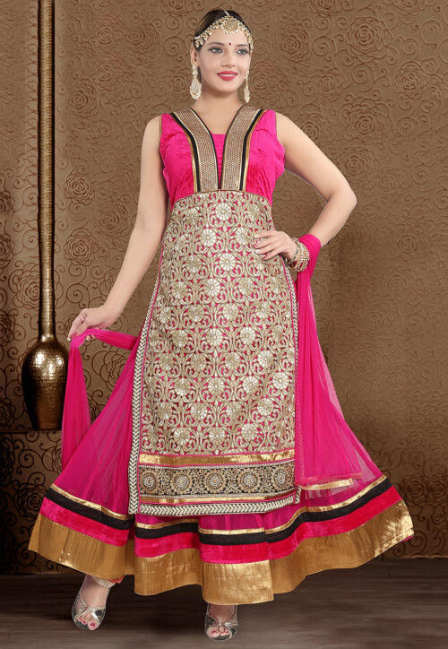 Embroidered Net Layered Abaya Style Suit in Fuchsia and Beige