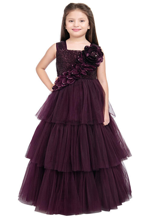 Embroidered Net Layered Gown in Wine